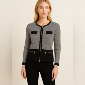 Jones New York Zip-Up Sweater – Black & White (Size Small)